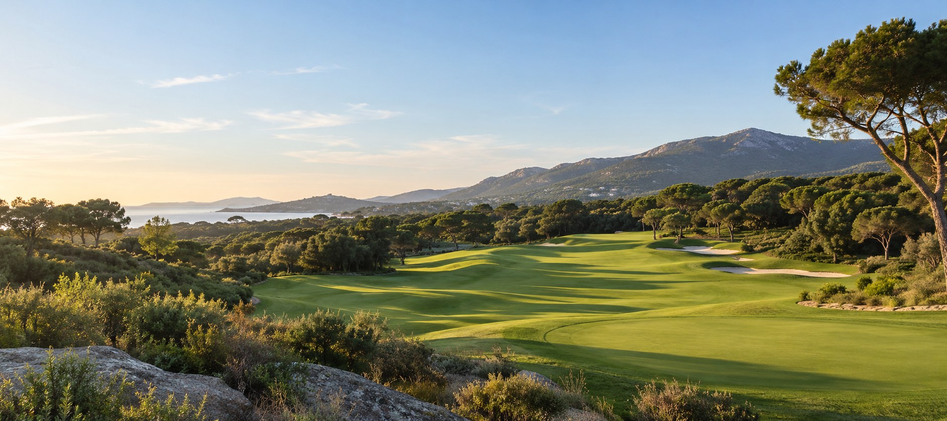 Campo de golf con calles verdes y luz de atardecer